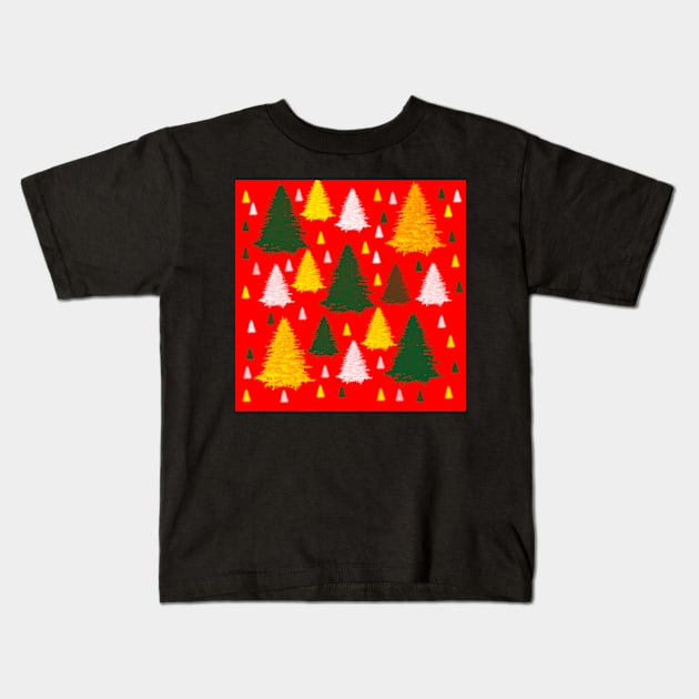 Gold green silver Christmas trees on red background Kids T-Shirt by katerina-ez